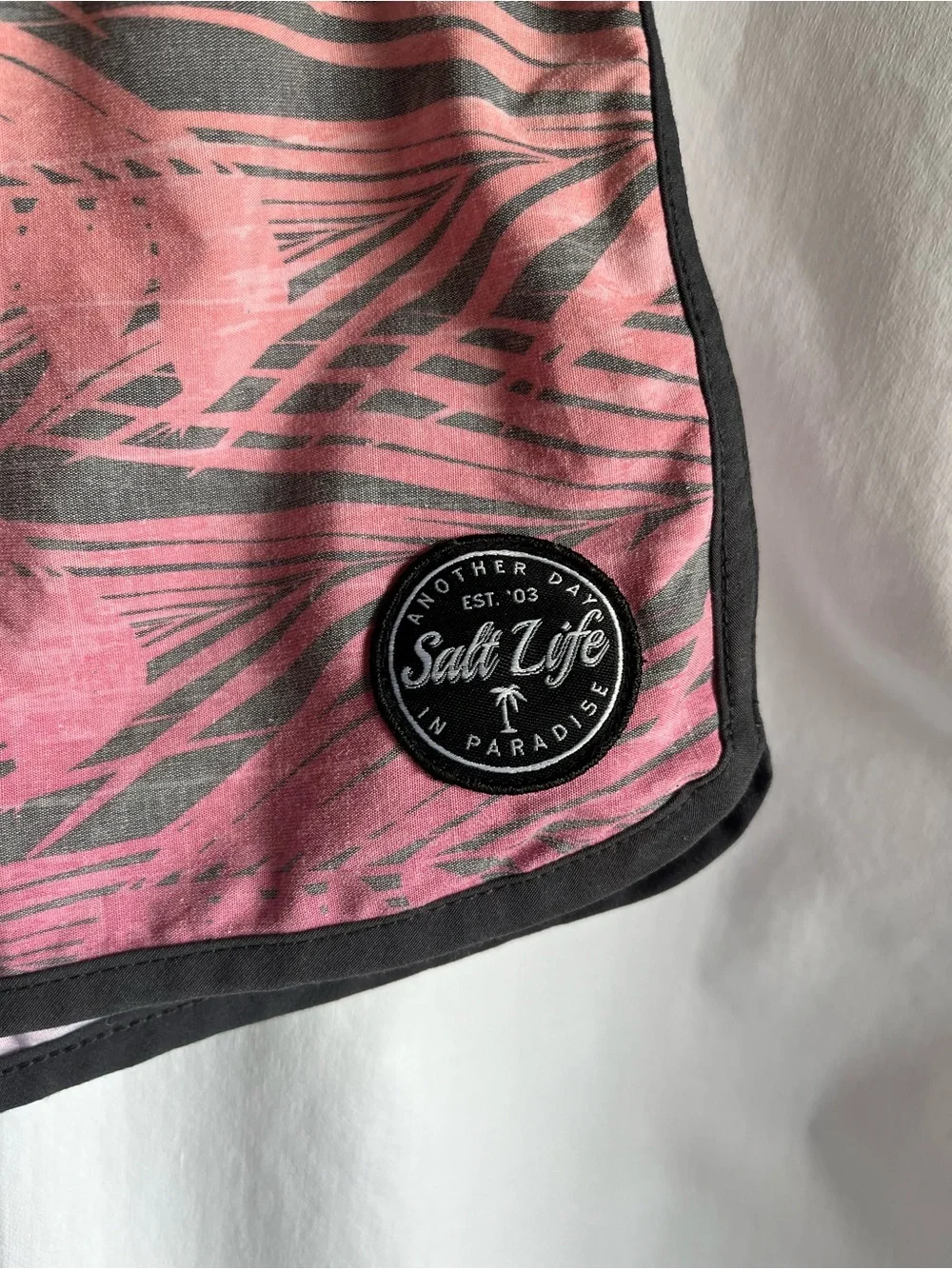 Salt Life Pink Tropical Palm Print Athletic Shorts with Black Trim